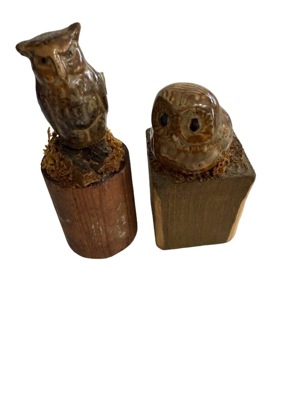 Vintage Studio Pottery Owl Figurines on Wood Bases Rustic Woodland Pair